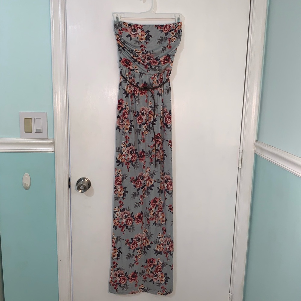 Strapless long blue floral dress with belt